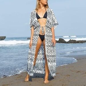 NEW Tribal Print BLK/WH Kimono Coverup Lightweight Robe Duster